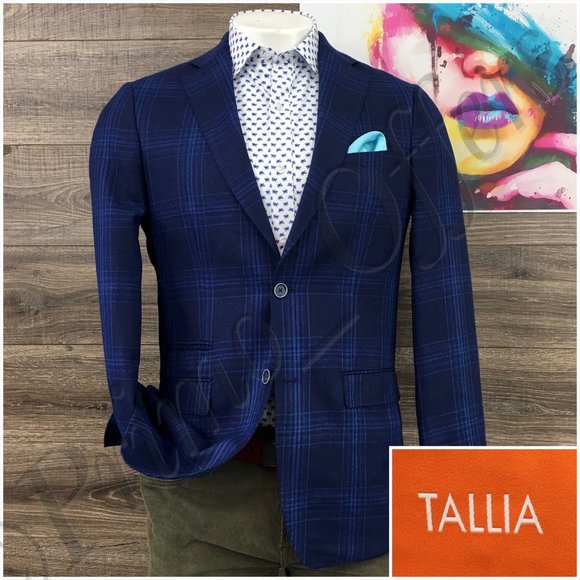 TALLIA Mens Blazer Sport Coat Two Button‎ Casual Jacket Size 38L Linen Blue Suit